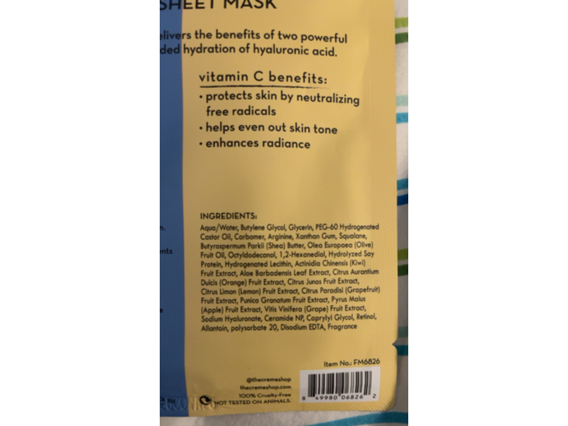 The Creme Shop Fusion 2 In1 Sheet Mask, Retinol & Vitamin C, 0.88 oz/25 g, Pack of 5