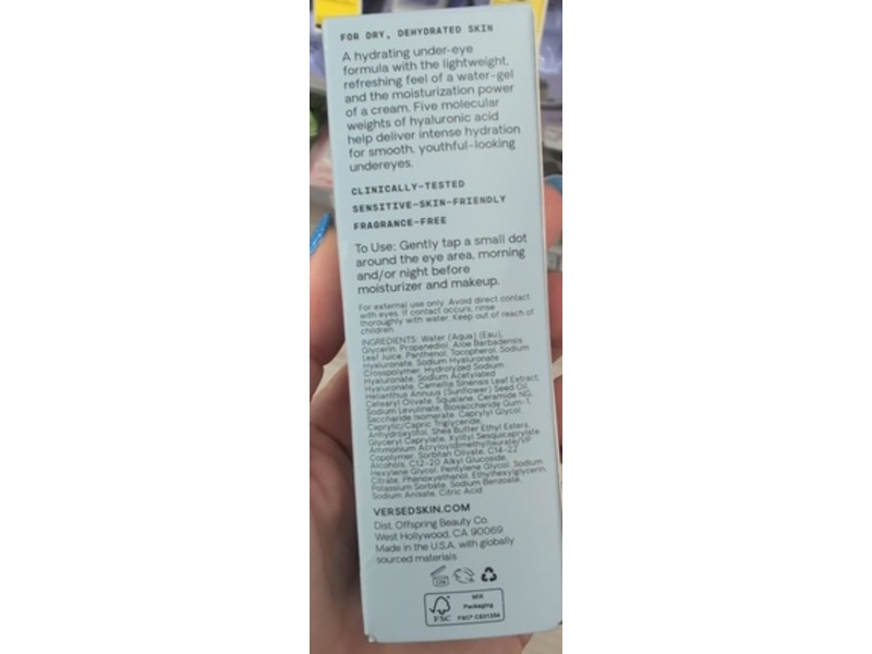 Versed Water Rush Hydrating Eye Gel, Hyaluronic Acid+Aloe Leaf Juice, 0.5 fl oz/15 mL