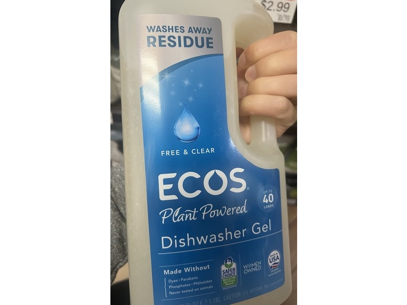 Ecos Plant Powered Dishwasher Gel, Free & Clear, 40 Loads, 40 fl oz/1.18 L