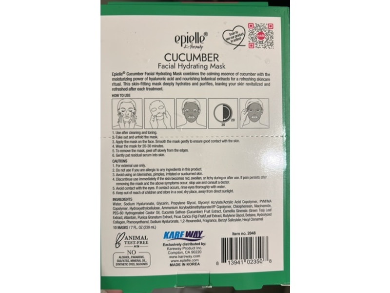 Epielle K-Beauty Facial Hydrating Mask, Cucumber, 7 fl oz/230 mL, 10 Masks
