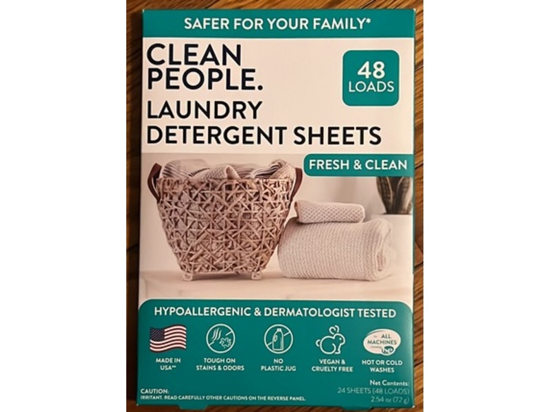 Clean People Laundry Detergent Sheets, Fresh Clean, 48 Loads, 2.54 oz/72 g, 24 Sheets