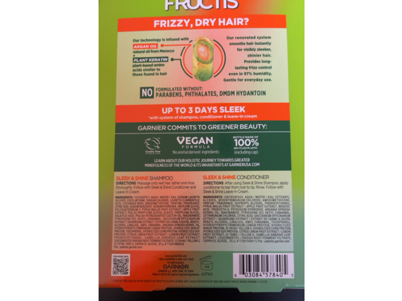 Garnier Fructis Sleek & Shine Smoothing Shampoo + Conditioner Set, Plant Keratin + Argan Oil