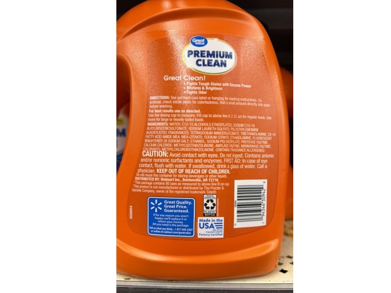 Great Value Premium Clean Original Laundry Detergent, 80 Loads, 105 fl oz/3.10 L