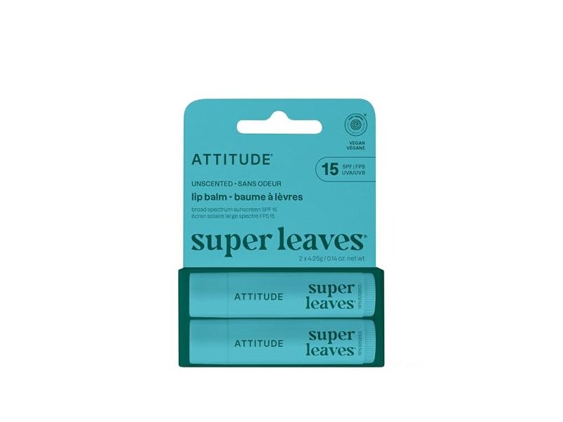 Attitude Super Leaves Lip Balm, Unscented, SPF 15, 0.14 oz/4.25 g, Pack Of 2