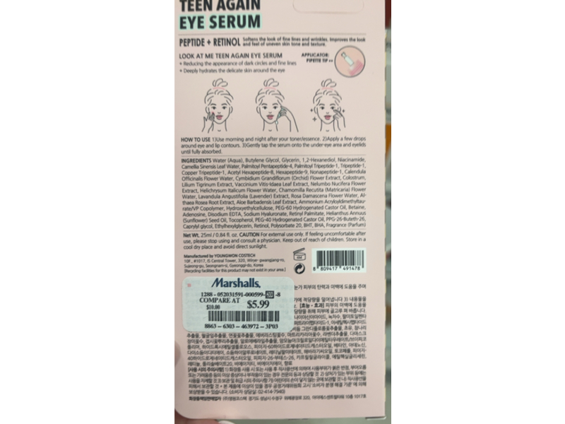 Teen Again Eye Serum, Peptide + Retinol, 0.84 fl oz/25 mL