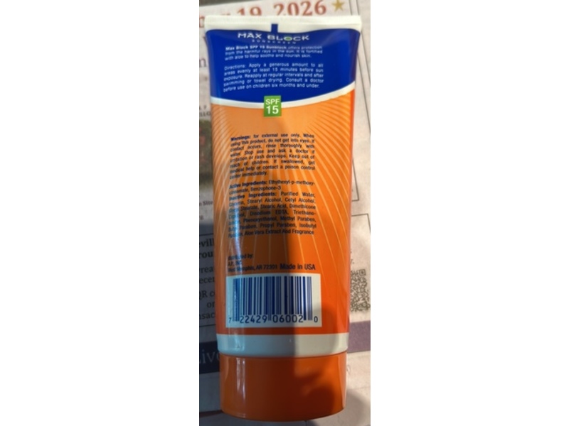 Max Block Sunscreen Sunblock Lotion, SPF 15, Aloe Vera, 6 fl oz/177 mL