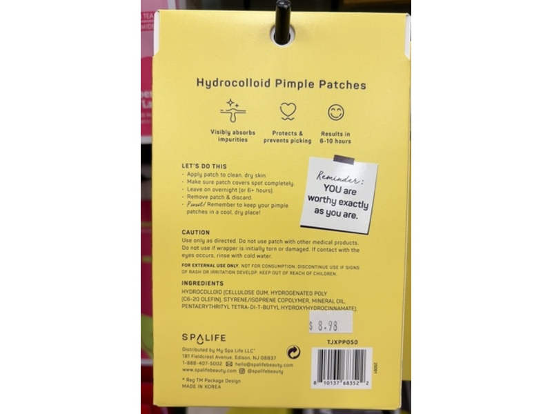 SpaLife Pimple Patches, Hydrocolloid Formula, 0.26 oz/7.6 g, 72 Count