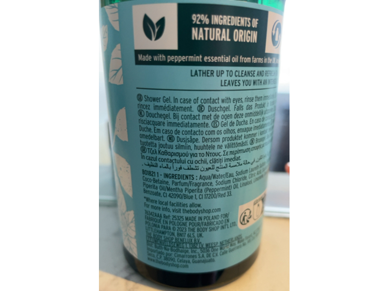The Body Shop Invigorating Shower Gel, Peppermint, 8.4 fl oz/250 mL