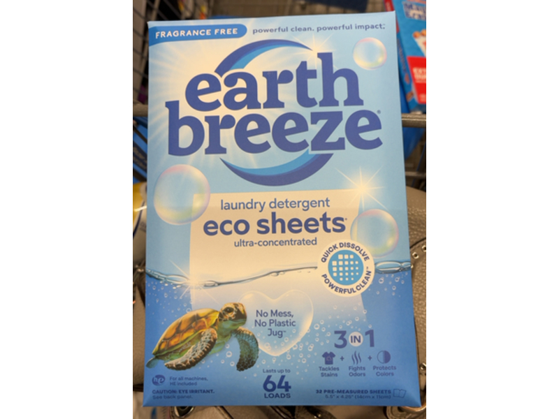 Earth Breeze Laundry Detergent Eco Sheets, Fragrance Free, 64 Loads