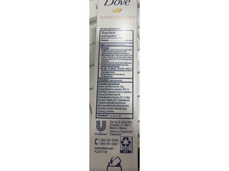 Dove Advanced Care Dry Spray Antiperspirant Deodorant, 11.4 oz/321 g, Pack Of 3