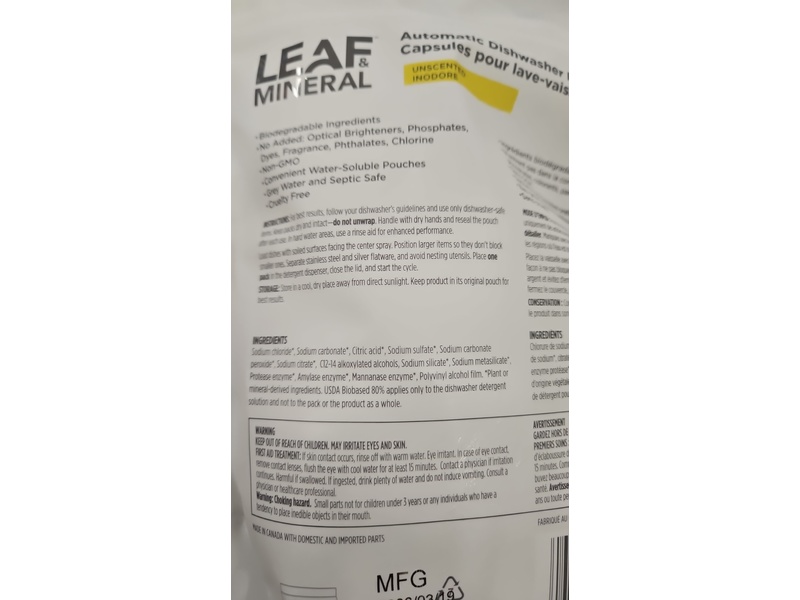 Leaf & Mineral Automatic Dishwasher Packs, Unscented, 24 oz/684 g, 38 Count