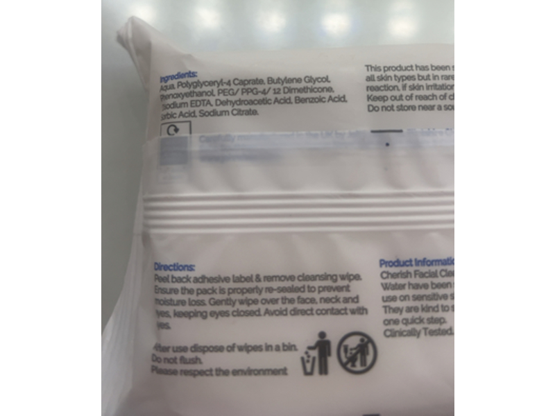 Cherish Facial Cleansing Micellar Water Wipes, 25 Count