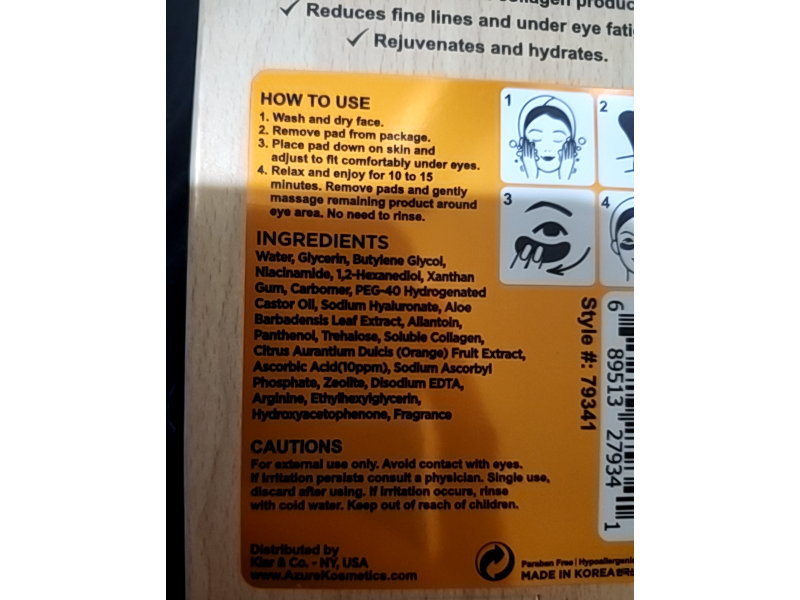 Azure Kosmetics Moisturizing Under Eye Pads, Vitamin C & Collagen, 0.88 oz/25 g, 5 Pairs