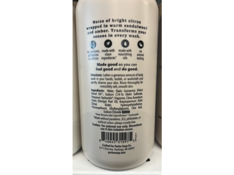 Pacha Soap Co Hydrating Body Wash, Santal & Amber, Brazilian Sweet Orange, 16 fl oz/473 mL