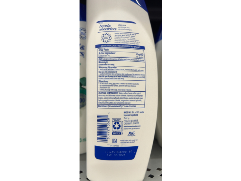 Head & Shoulders Dandruff Daily Shampoo, Aloe Vera, 12.5 fl oz/370 mL