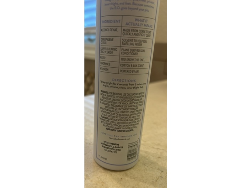 Native Whole Body Deodorant Spray, Cotton & Lily, 3.5 oz/99 g