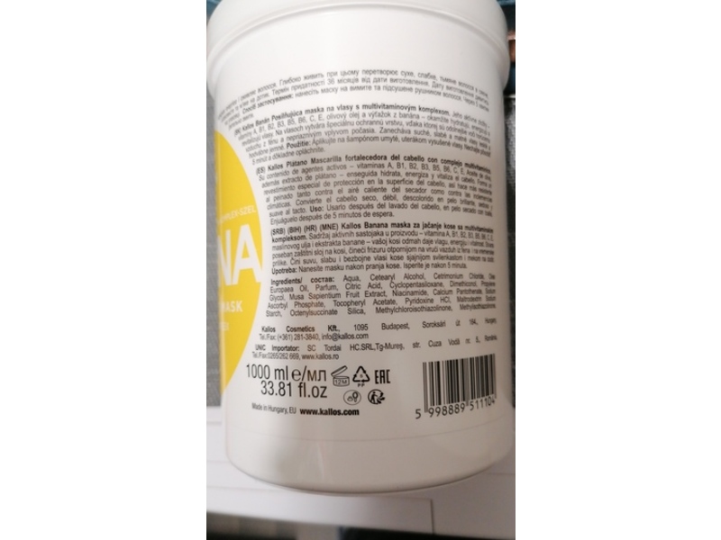 Kallos Cosmetics Fortifying Hair Mask, Banana, 33.81 fl oz/1000 mL