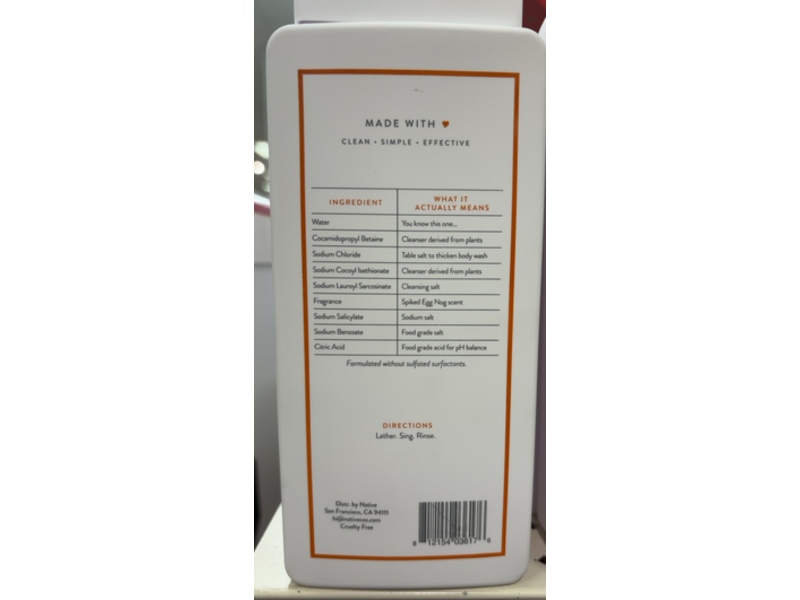 Native Body Wash, Spiked Egg Nog, 18 fl oz/532 mL