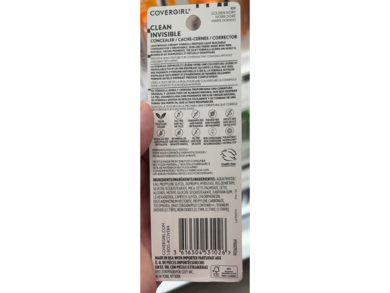 Covergirl Clean Invisible Concealer, Golden Ivory 109, 0.23 fl oz/7 mL