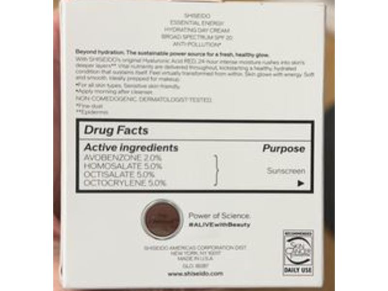 Shiseido Essential Energy Hydrating Day Cream, SPF 20, Hyaluronic Acid Red,1.7 oz/50 mL