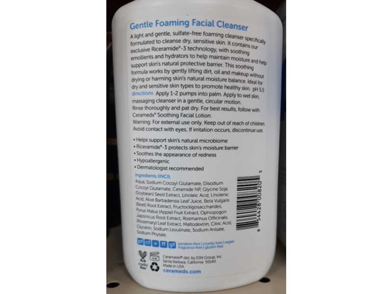Ceramedx Natural Ceramide Therapy Gentle Foaming Facial Cleanser, 8 fl oz/236 mL