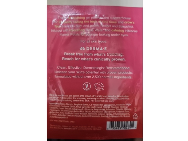 Derma E Retinol Line Smoothing Hydro Gel Patches, Bakuchiol + Rose Water + Hibiscus Flower, 1 Pair