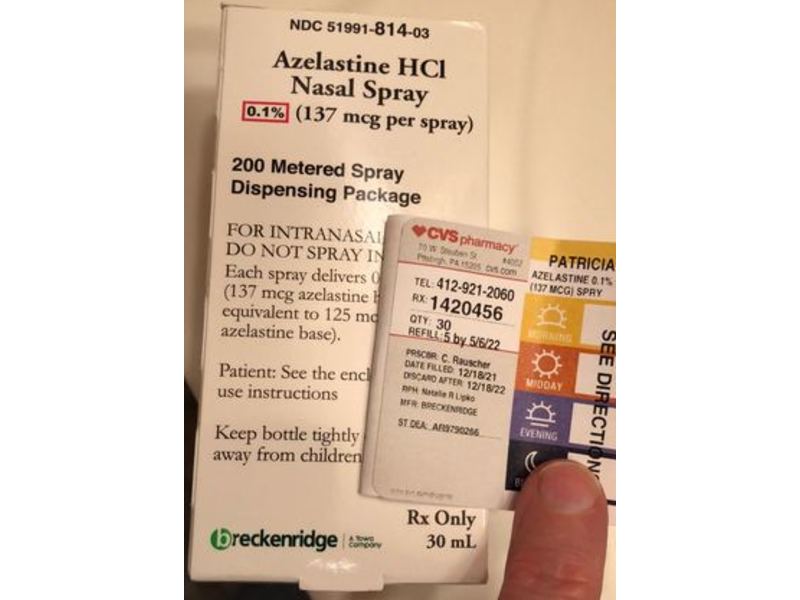 Azelastine HCI Nasal Solution (Nasal Spray), 0.1%, 137 mcg, 30 mL, Breckenridge Pharmaceuticals (RX)