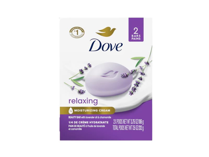 Dove Relaxing Moisturizing Cream Beauty Bar, Lavender Oil & Chamomile, 3.75 oz/106 g, Pack Of 2