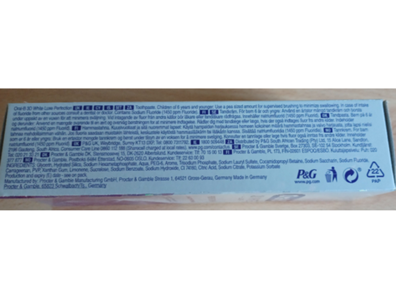 Oral-B 3D White Luxe Perfection Advance Whitening Toothpaste, 75 mL