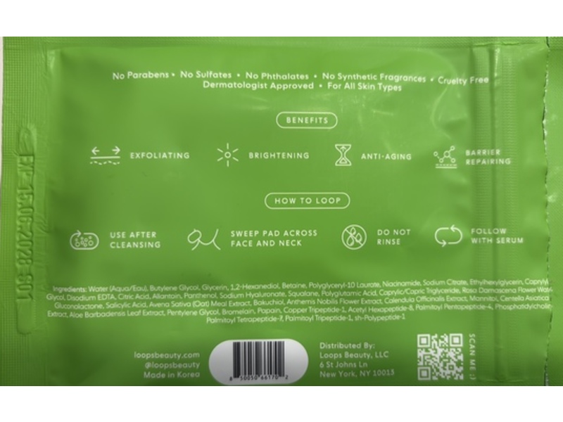 Loops Exfoliating Toner Pads, 1.18 fl oz/35 mL, 12 Count