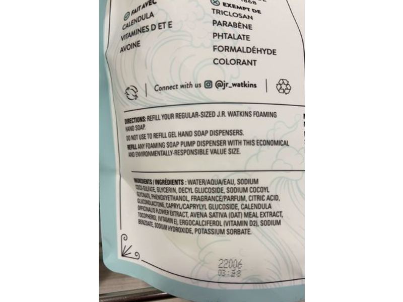 J.R. Watkins Foaming Hand Soap Refill, Ocean Breeze, 28 fl oz/828 mL