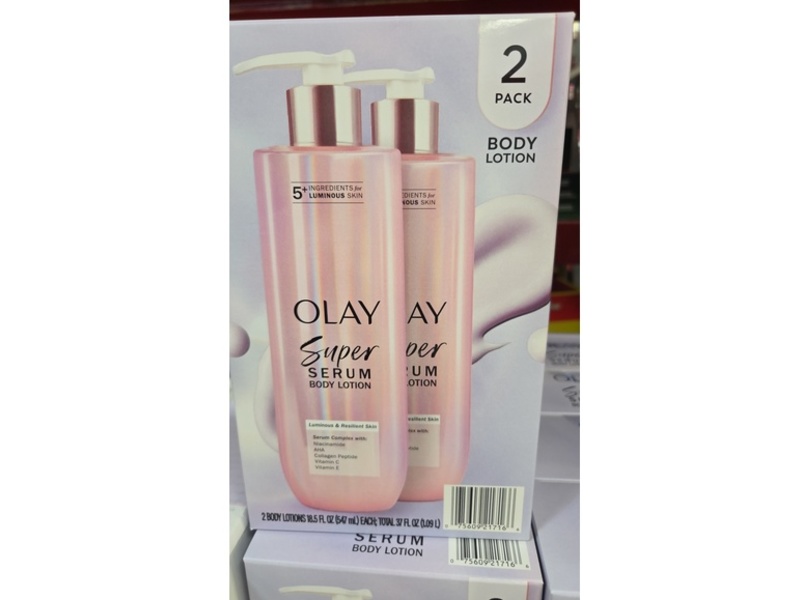Olay Super Serum Body Lotion, Niacinamide, AHA, Collagen Peptide, Vitamin C & E, 18.5 fl oz/547 mL, Pack Of 2