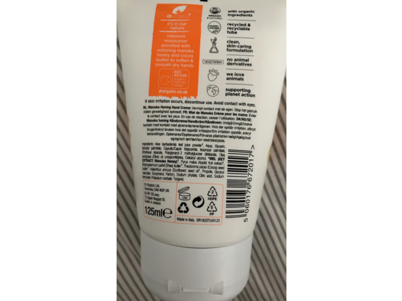 dr. Organic Hand Cream, Manuka Honey, 125 mL