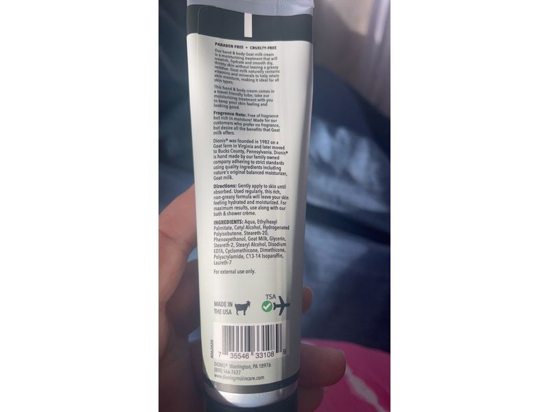 Dionis Hand & Body Goat Milk Cream, 2 In 1 Moisturizing Treatment, Unscented, 3.3 oz / 93 g