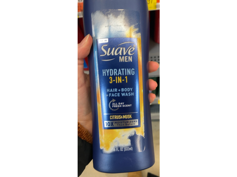 Suave Men Hydrating 3 In 1 Hair + Body + Face Wash, Citrus & Musk, 18 fl oz/532 mL