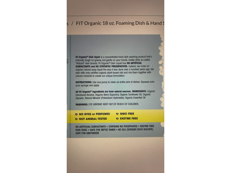 Fit Organic Foaming Dish & Hand Soap, Lemongrass Tangerine, 18 fl oz/532 mL