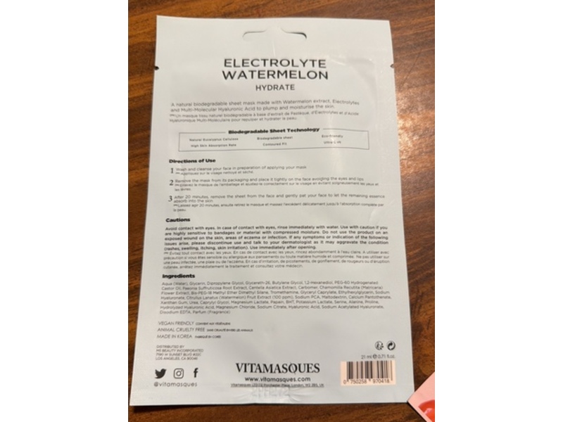 Vitamasques Hydrate Sheet Mask, Electrolyte Watermelon, 0.71 fl oz/21 mL, Pack Of 7