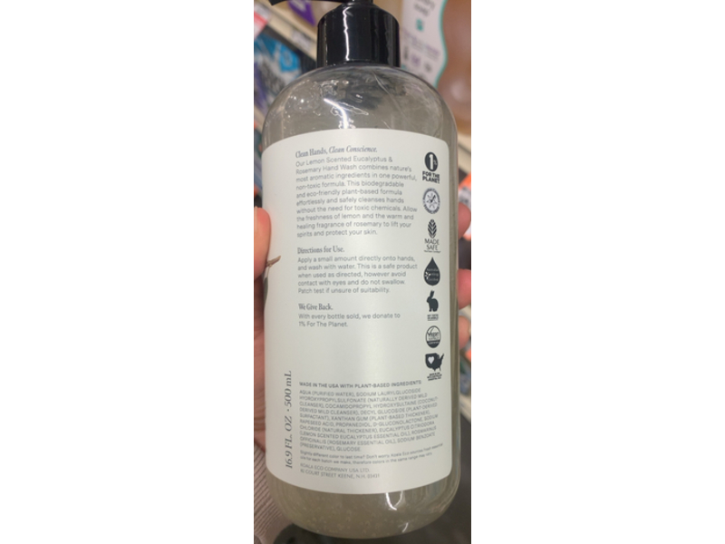 Koala Eco Natural Hand Wash, Australian Lemon Scented Eucalyptus & Rosemary Essential Oil, 16.9 fl oz/500 mL