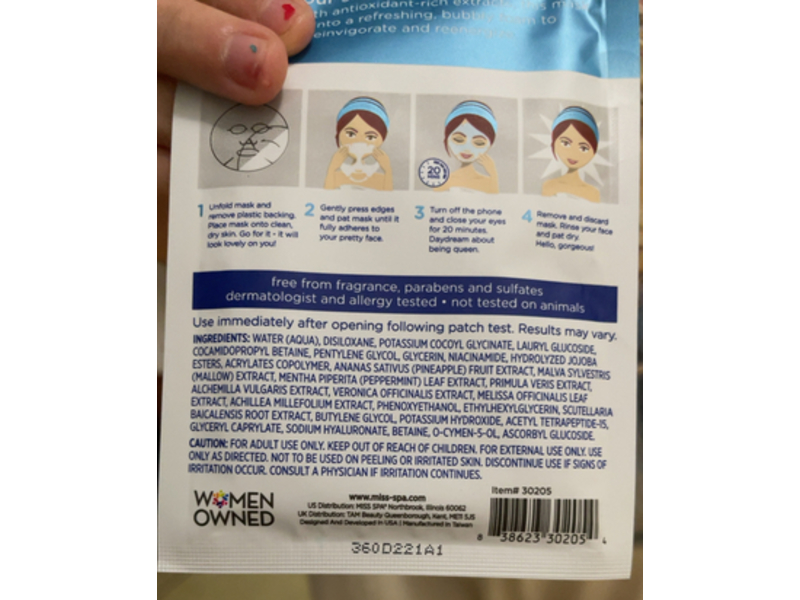 Miss Spa Bubbling Facial Sheet Mask, Bubbling Oxygen, 0.88 oz/25 g