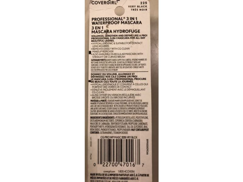 CoverGirl Waterproof Professional 3-In-1 Hydrofuge Mascara, 225 Very Black, 0.3 fl oz/9 mL