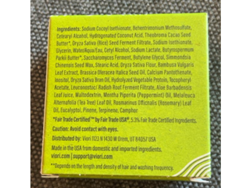 Viori Essential Oil Shampoo Bar, Tea Tree Mint, 3.17 oz/90 g