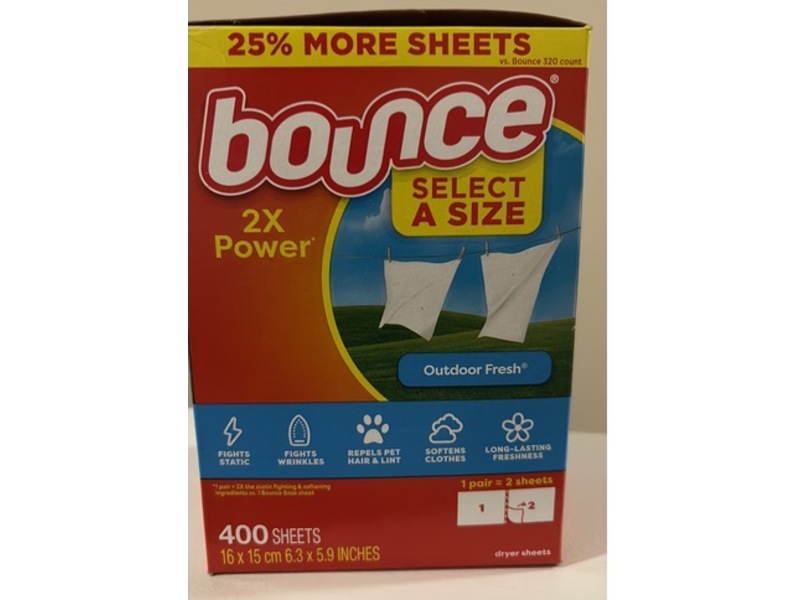 Bounce 2X Power Dryer Sheets, Outdoor Fresh, 400 Sheets