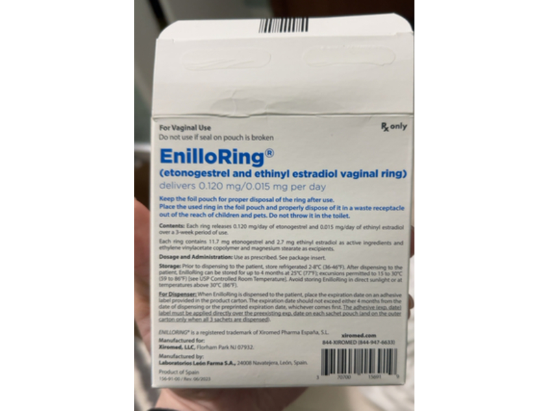 ENILLORING (etonogestrel and ethinyl estradiol) vaginal ring 0.120 mg/0.015 mg, Xiromed (Rx)
