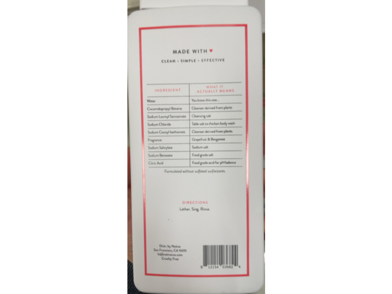 Native Body Wash, Grapefruit & Bergamot, 18 fl oz/532 mL