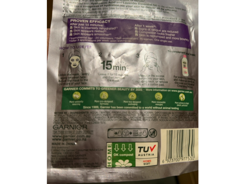 Garnier Skin Active Hydra Bomb Sheet Mask, Hyaluronic Acid + Lavender, 28 g, 1 Count