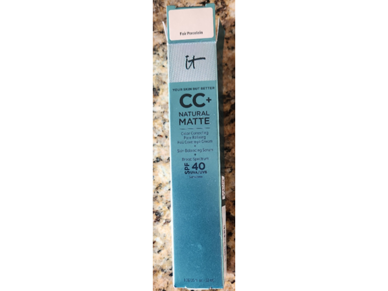 IT Cosmetics CC+ Cream Natural Matte Foundation, SPF 40, Fair Porcelain, 1.08 fl oz/32 mL