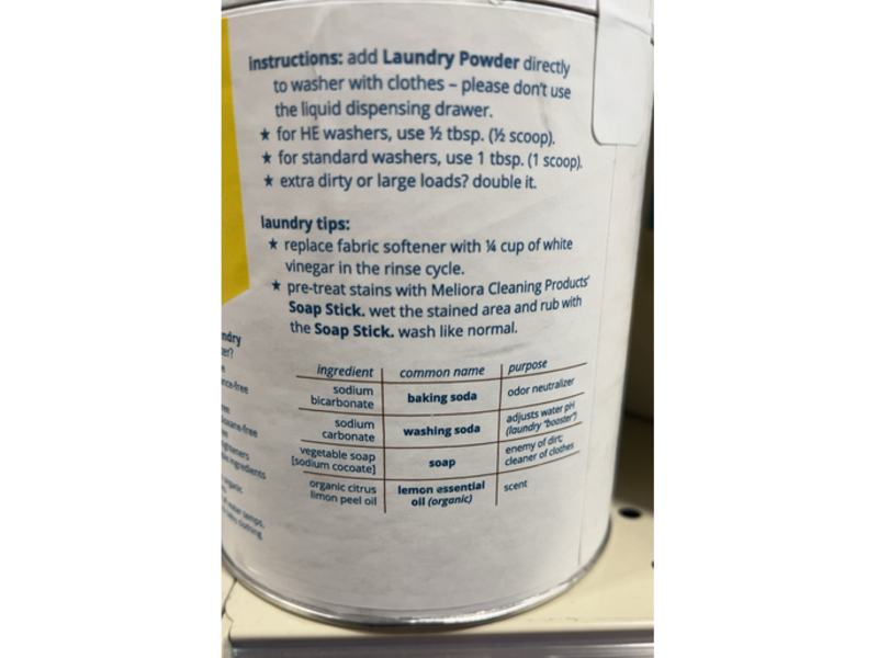 Meliora Cleaning Products Laundry Powder, Lemon, 128 Loads, 35 oz/992 g