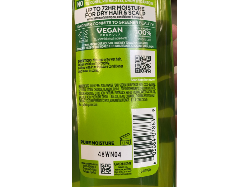 Garnier Fructis Pure Moisture Hydrating Shampoo, Hyaluronic Acid + Cucumber Water, Silicon Free, 12.5 fl oz/370 mL