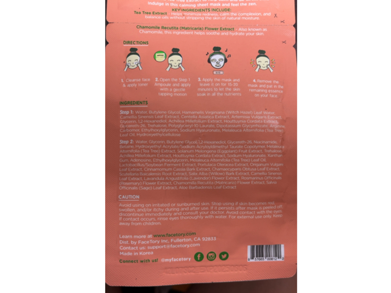 Facetory Skin Calming Mask, Soothe Me Tea Tree, 0.92 fl oz/26 g, Pack of 5