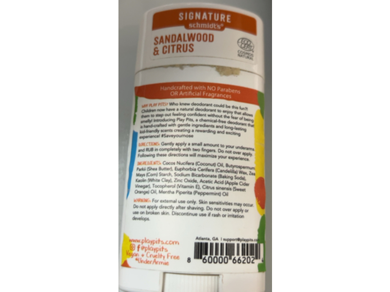 Play Pits All Natural Deodorant, Orange & Peppermint, 2.65 fl oz/75 g